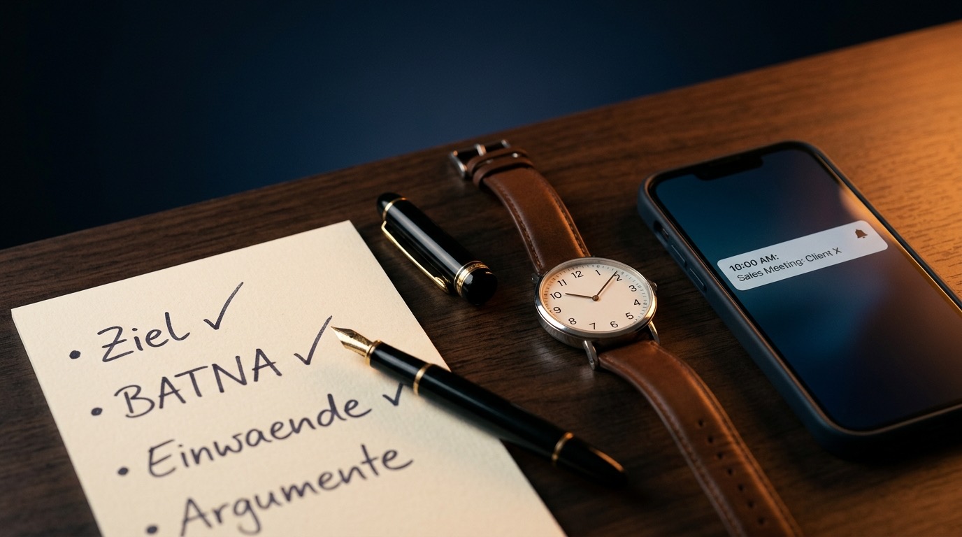 Verkaufstermin vorbereiten — Notizblock mit Checkliste, Uhr und Kalendernotiz