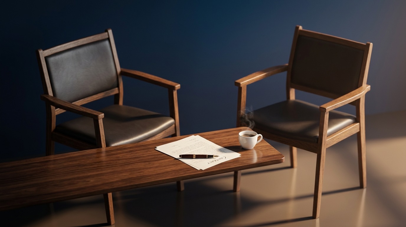 Preisverhandlung — zwei Stuehle gegenüber, Vertragspapier auf dem Tisch